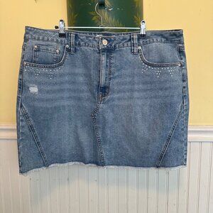 Seven7 Womens Denim Mini Skirt With Rhinestone Accents & Raw Hem Size 18